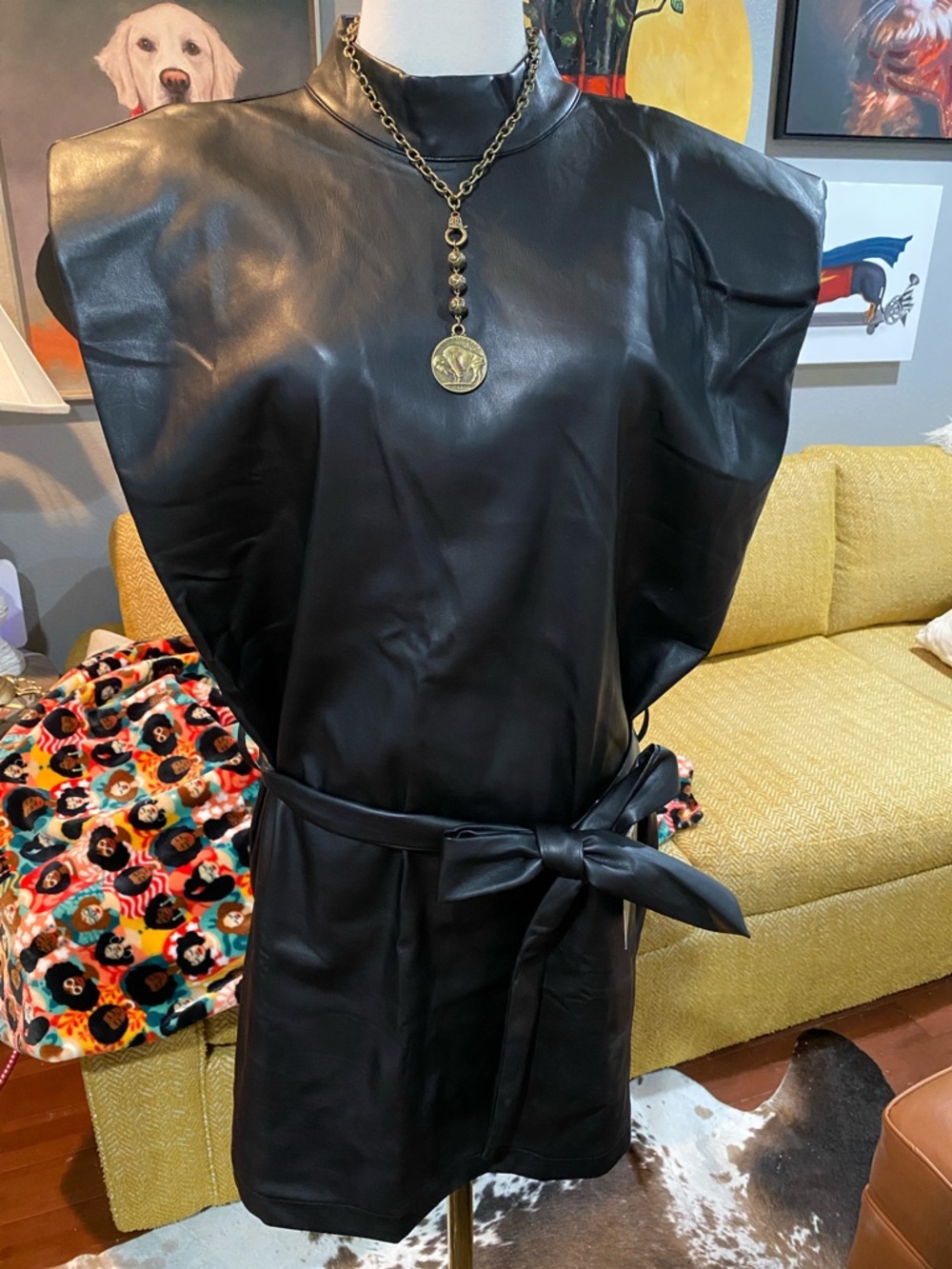 Black Faux Leather Sleeveless Tunic with Waist Tie